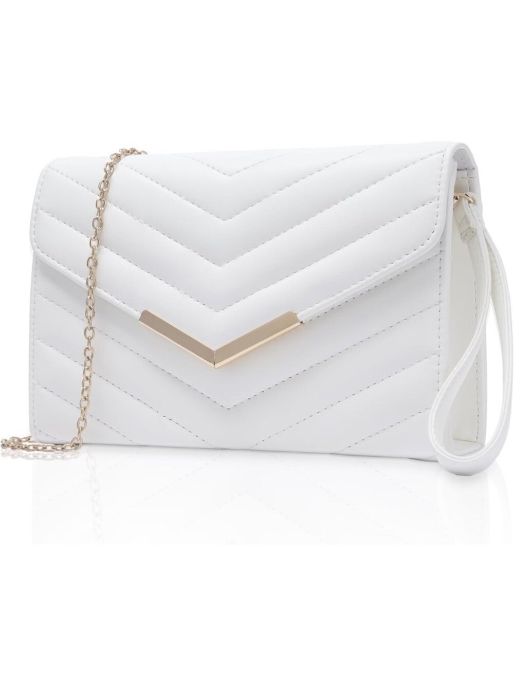 Women's White Quilted Clutch Purse Envelope Chain Strap Evening Handbag